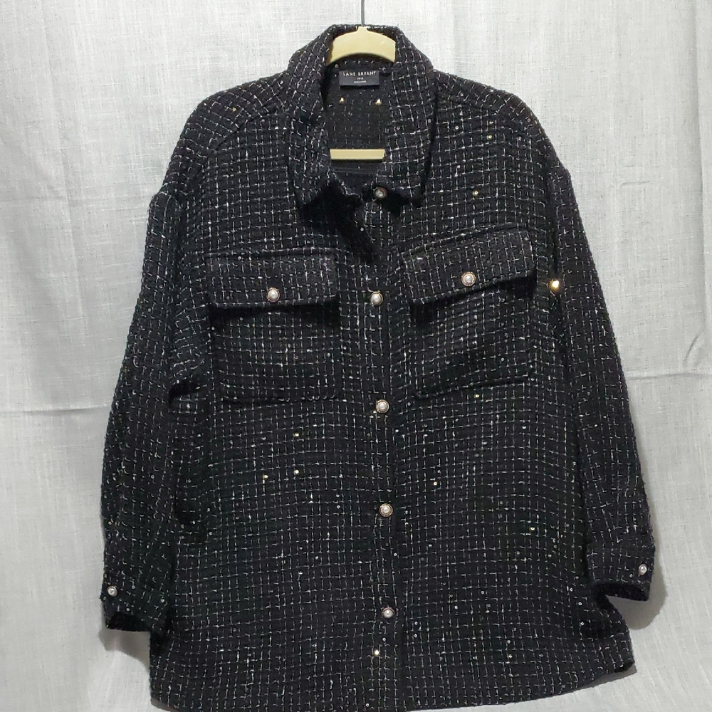 Lane Bryant Black Tweed Shacket with Metallic threads and pearl buttons.